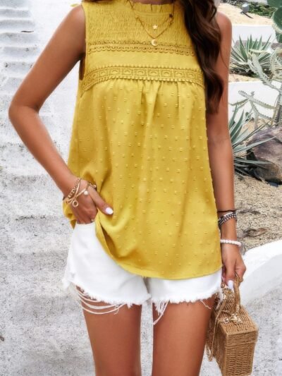 Lace Trim Solid Ruched Sleeveless Swiss Dot Top Lace Trim Solid Ruched Sleeveless Swiss Dot Top