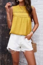 Lace Trim Solid Ruched Sleeveless Swiss Dot Top