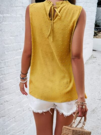 Lace Trim Solid Ruched Sleeveless Swiss Dot Top Lace Trim Solid Ruched Sleeveless Swiss Dot Top
