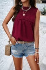 Lace Trim Solid Ruched Sleeveless Swiss Dot Top