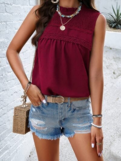 Lace Trim Solid Ruched Sleeveless Swiss Dot Top Lace Trim Solid Ruched Sleeveless Swiss Dot Top