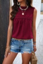 Lace Trim Solid Ruched Sleeveless Swiss Dot Top