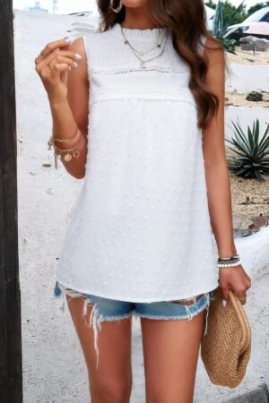 Lace Trim Solid Ruched Sleeveless Swiss Dot Top