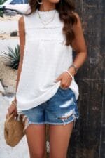 Lace Trim Solid Ruched Sleeveless Swiss Dot Top