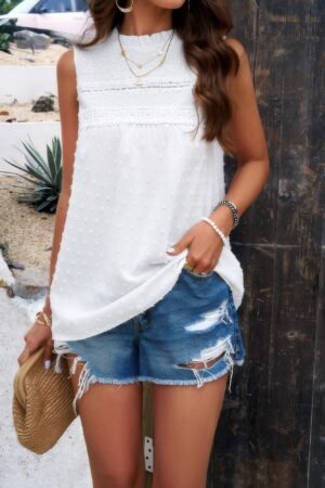 Lace Trim Solid Ruched Sleeveless Swiss Dot Top