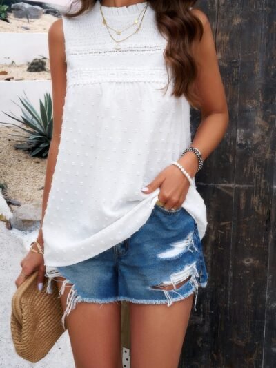 Lace Trim Solid Ruched Sleeveless Swiss Dot Top Lace Trim Solid Ruched Sleeveless Swiss Dot Top