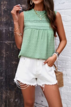 Lace Trim Solid Ruched Sleeveless Swiss Dot Top