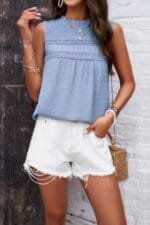 Lace Trim Solid Ruched Sleeveless Swiss Dot Top