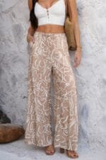 Allover Print Drawstring Pockets Wide Leg Pants