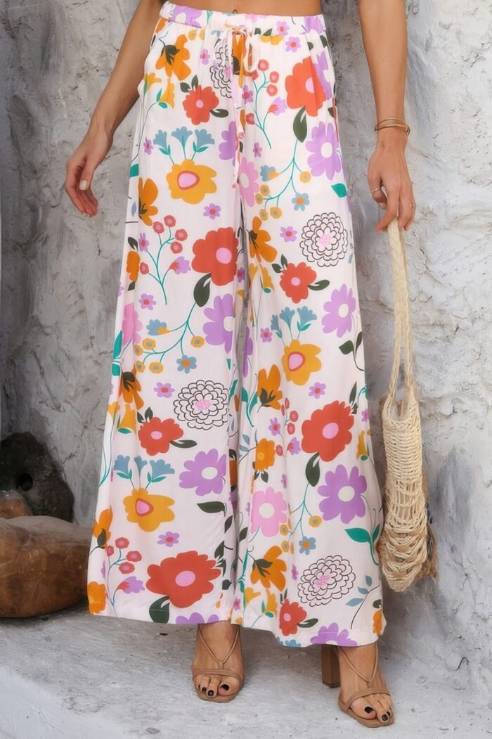 Allover Print Drawstring Pockets Wide Leg Pants - Image 7