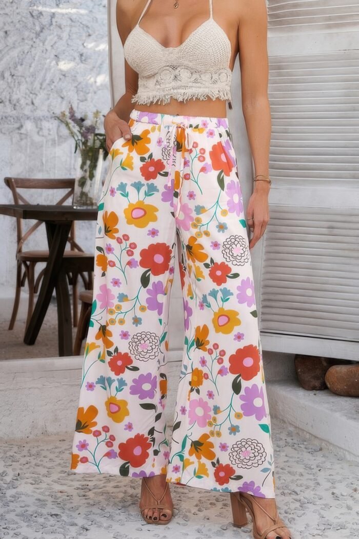 Allover Print Drawstring Pockets Wide Leg Pants - Image 8