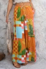 Allover Print Drawstring Pockets Wide Leg Pants