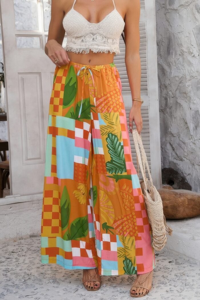 Allover Print Drawstring Pockets Wide Leg Pants - Image 11
