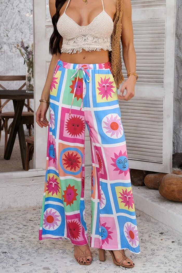 Allover Print Drawstring Pockets Wide Leg Pants - Image 13