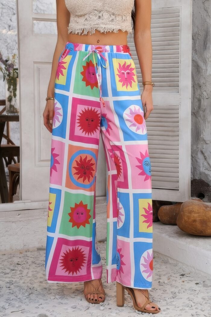 Allover Print Drawstring Pockets Wide Leg Pants - Image 14