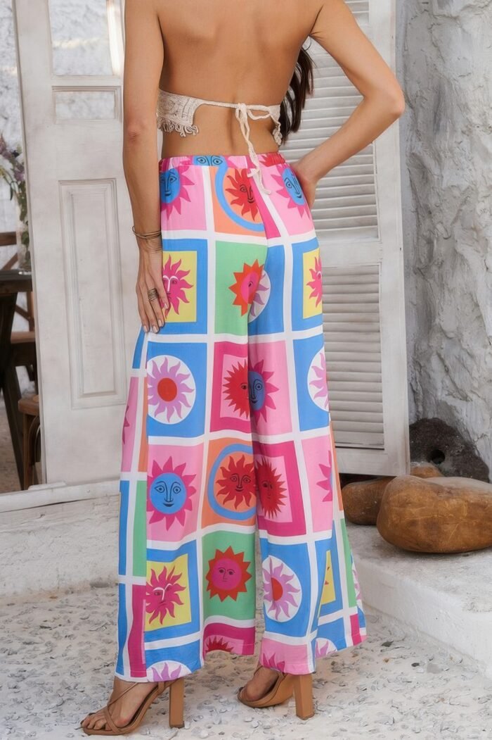 Allover Print Drawstring Pockets Wide Leg Pants - Image 15