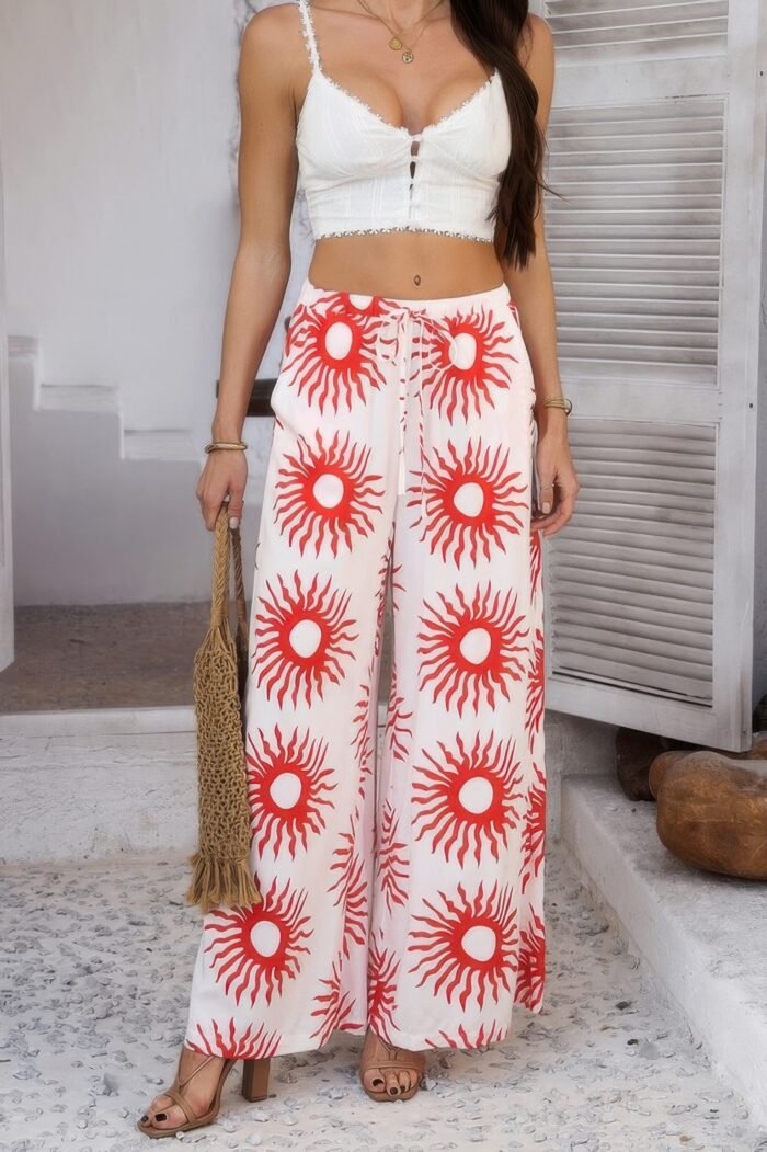 Allover Print Drawstring Pockets Wide Leg Pants - Image 16