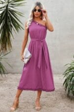 One Shoulder Sleeveless Belt Maxi Dress