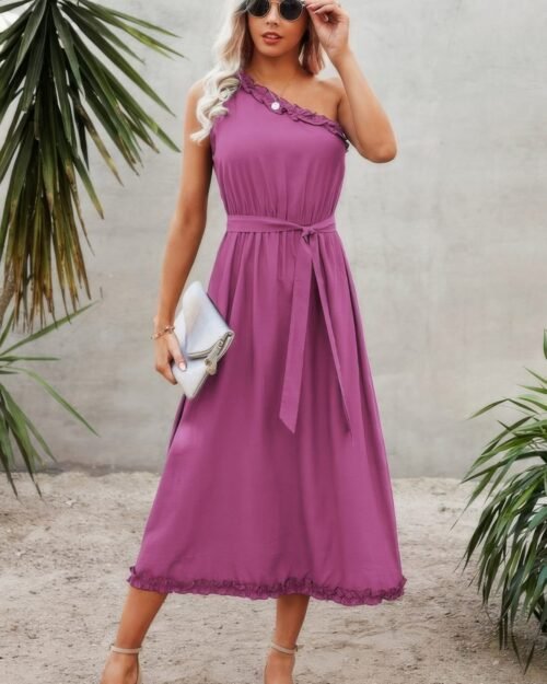 one shoulder sleeveless belt maxi dress