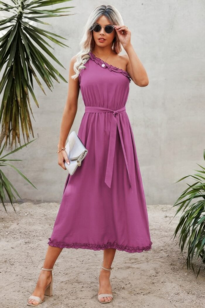 One shoulder sleeveless belt maxi dress - image 1