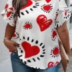 Plus Size Heart Print Ruffle Hem Sleeve Shirt