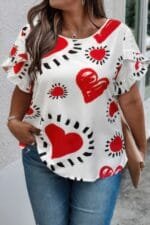 Plus Size Heart Print Ruffle Hem Sleeve Shirt