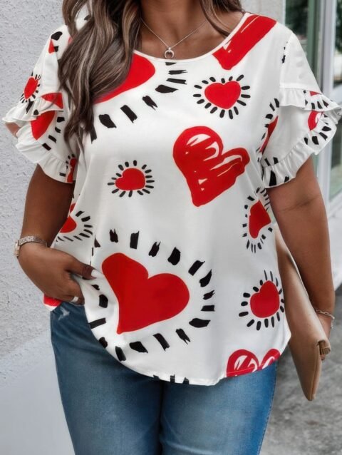 Plus Size Heart Print Ruffle Hem Sleeve Shirt