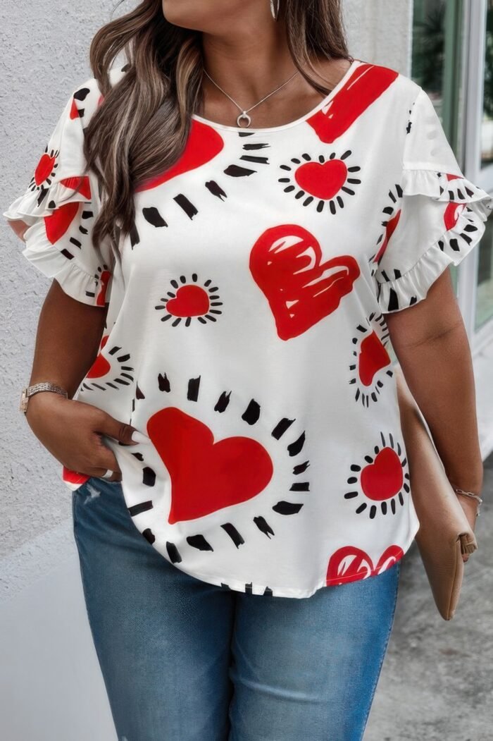 Plus Size Heart Print Ruffle Hem Sleeve Shirt - Image 1