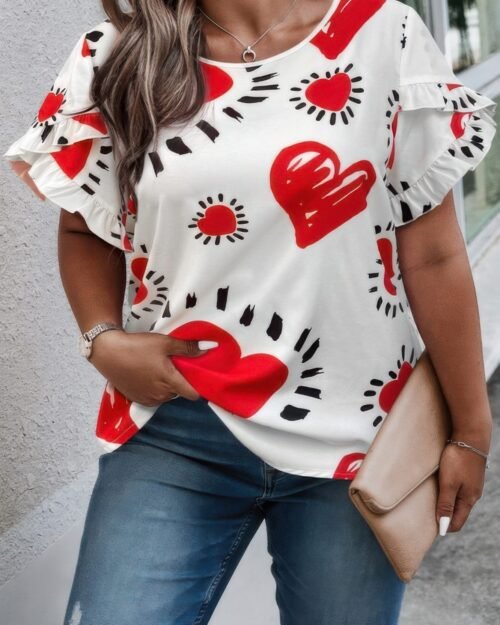 plus size heart print ruffle hem sleeve shirt
