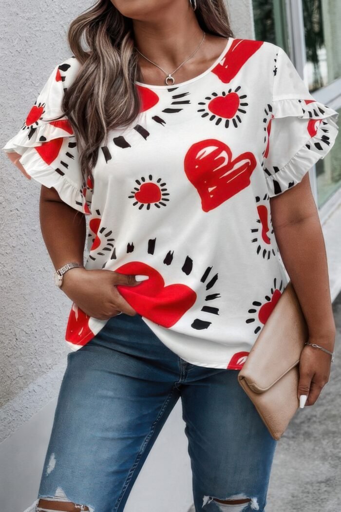 Plus Size Heart Print Ruffle Hem Sleeve Shirt - Image 2