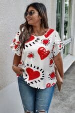 Plus Size Heart Print Ruffle Hem Sleeve Shirt