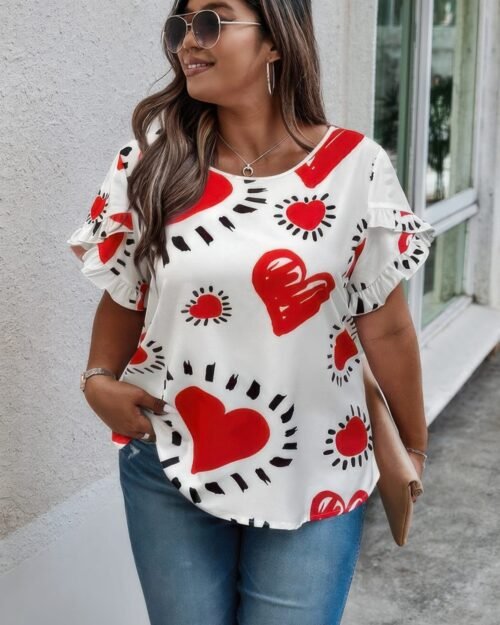 plus size heart print ruffle hem sleeve shirt