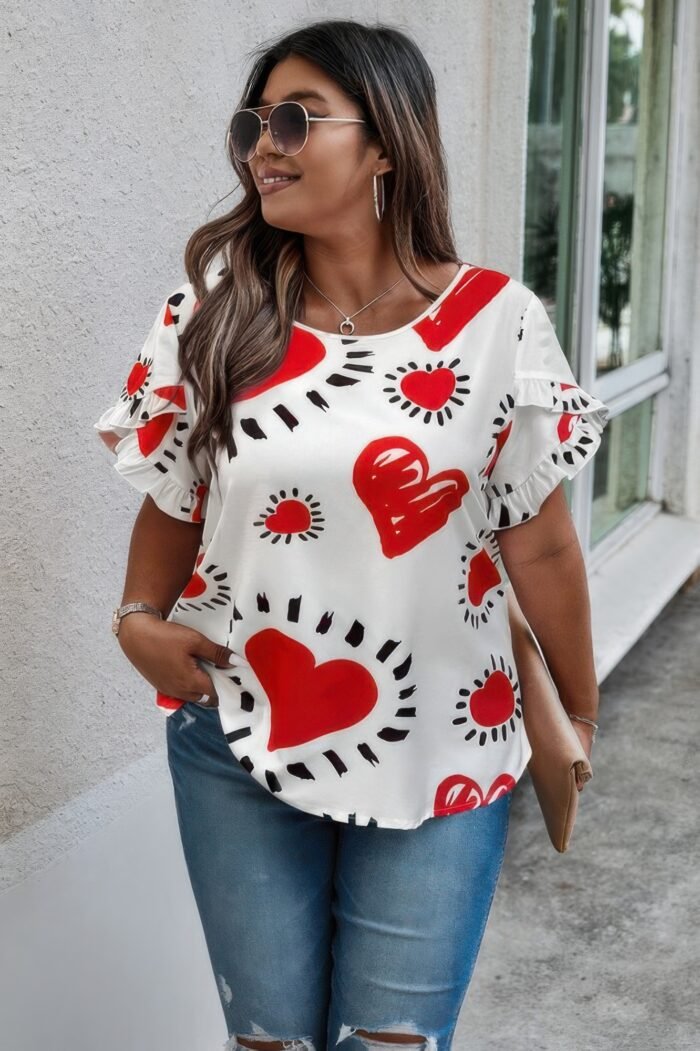 Plus Size Heart Print Ruffle Hem Sleeve Shirt - Image 3