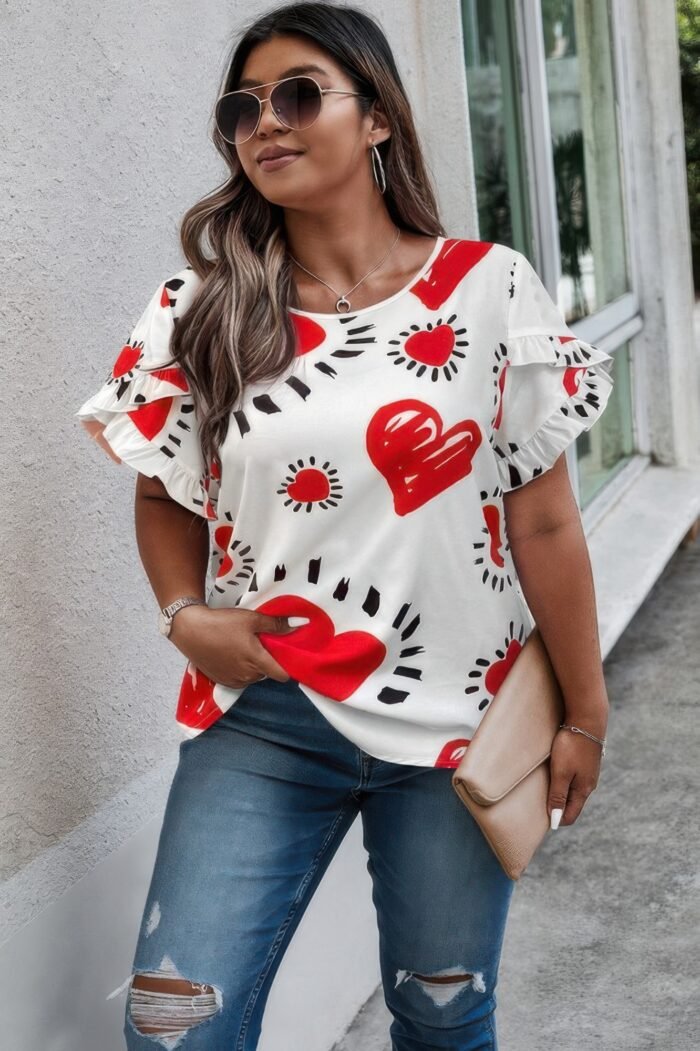 Plus Size Heart Print Ruffle Hem Sleeve Shirt - Image 4