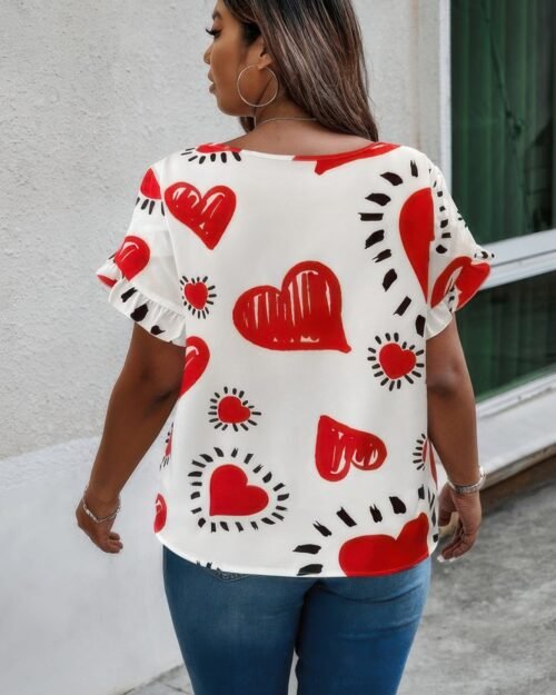 plus size heart print ruffle hem sleeve shirt