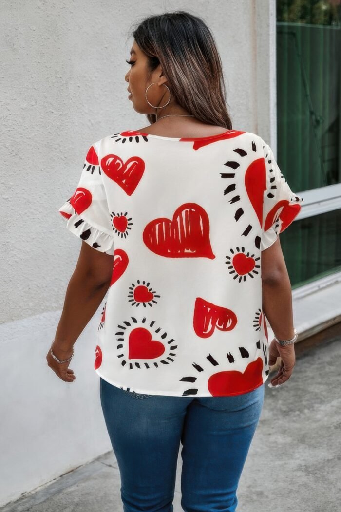 Plus Size Heart Print Ruffle Hem Sleeve Shirt - Image 5