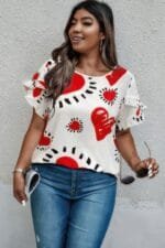 Plus Size Heart Print Ruffle Hem Sleeve Shirt