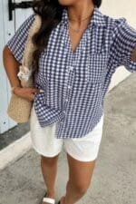 Plus Size Plaid Pocket Short Sleeve Loose Blouse