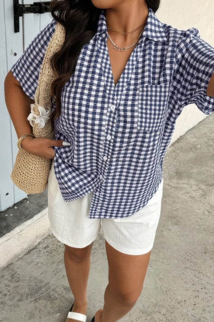 Plus Size Plaid Pocket Short Sleeve Loose Blouse - Image 1