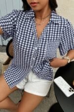 Plus Size Plaid Pocket Short Sleeve Loose Blouse