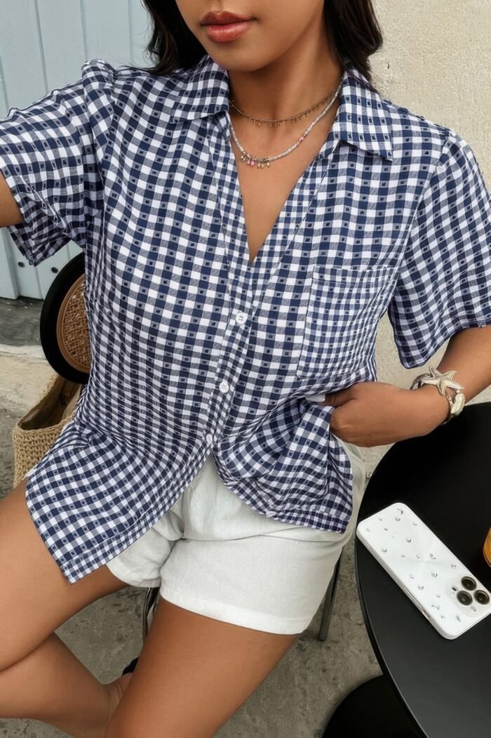 Plus Size Plaid Pocket Short Sleeve Loose Blouse - Image 2