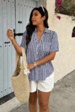 Plus Size Plaid Pocket Short Sleeve Loose Blouse