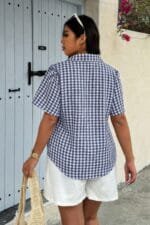 Plus Size Plaid Pocket Short Sleeve Loose Blouse