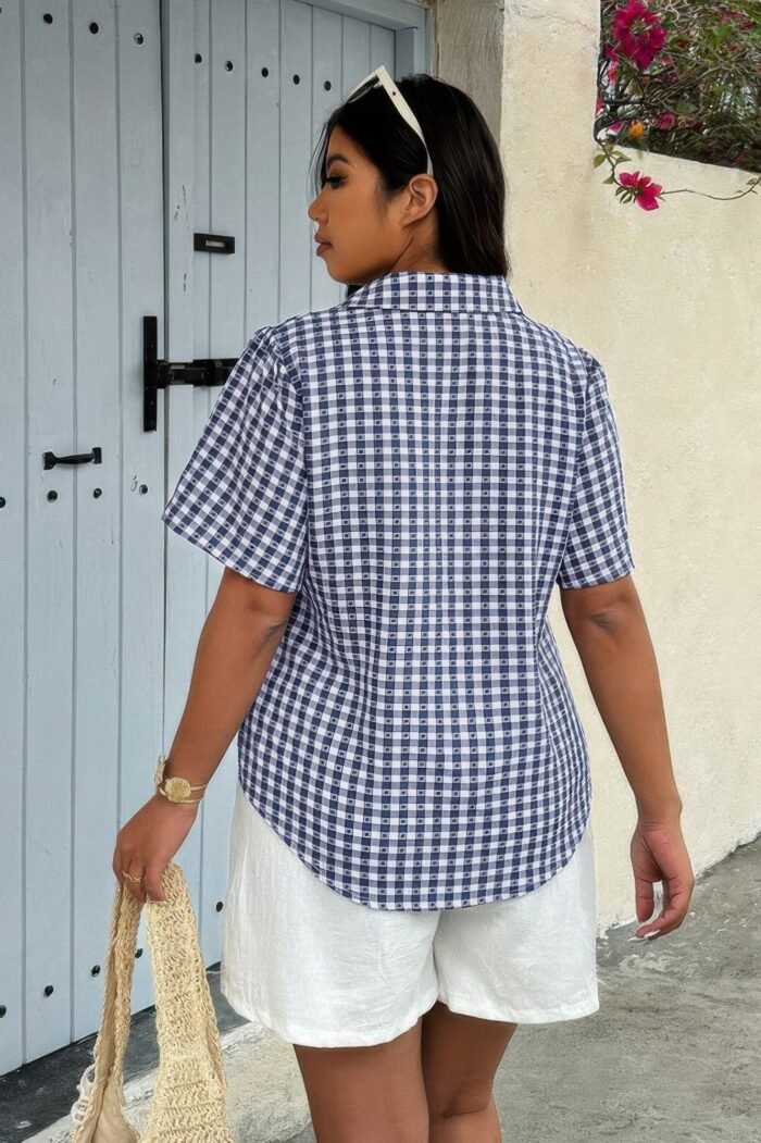 Plus Size Plaid Pocket Short Sleeve Loose Blouse - Image 5