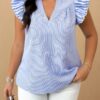 Plus Size Striped V Neck Flutter Sleeve Blouse