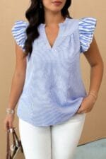 Plus Size Striped V Neck Flutter Sleeve Blouse