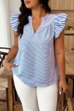 Plus Size Striped V Neck Flutter Sleeve Blouse
