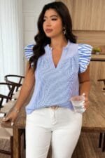 Plus Size Striped V Neck Flutter Sleeve Blouse