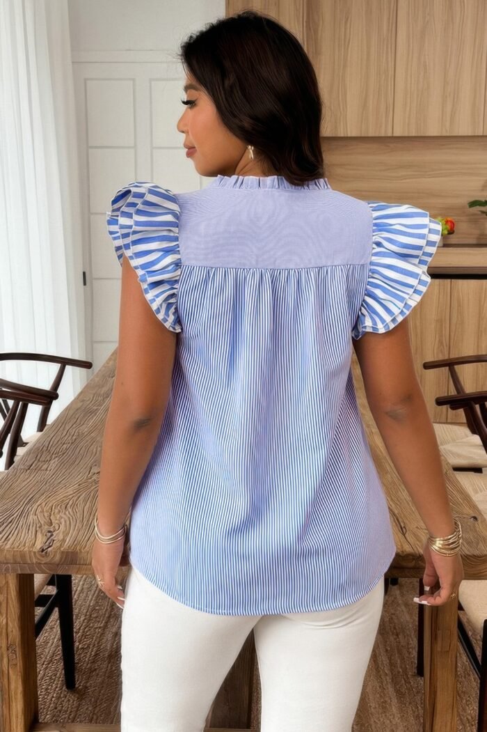 Plus Size Striped V Neck Flutter Sleeve Blouse - Image 4