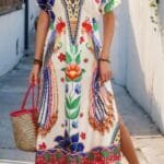 Floral Deep V Neck Batwing Sleeve Fit Dress